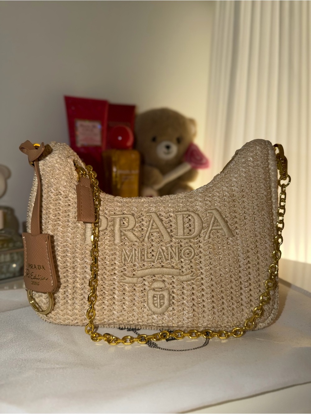 Prada Beige Raffia Shoulder Bag with Gold Chain
